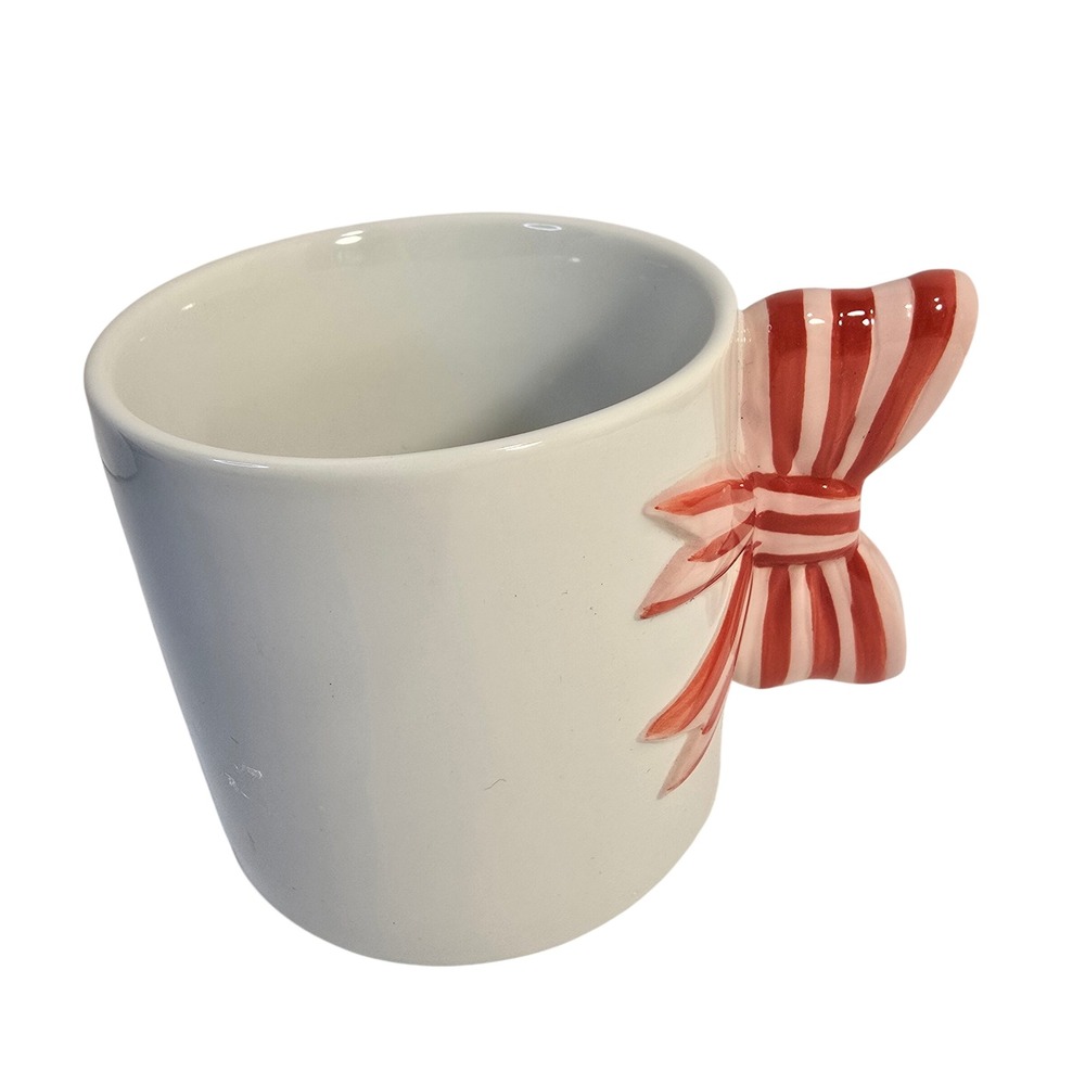 Spritz Red White Striped Bow Handle Stoneware Coffee Mug White Ceramic Cup - Picture 2 of 9